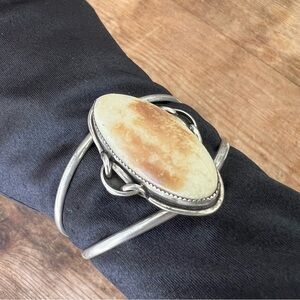 Vintage Artisan Sterling Silver Open Cuff Bracelet with Fossilized Bone Setting